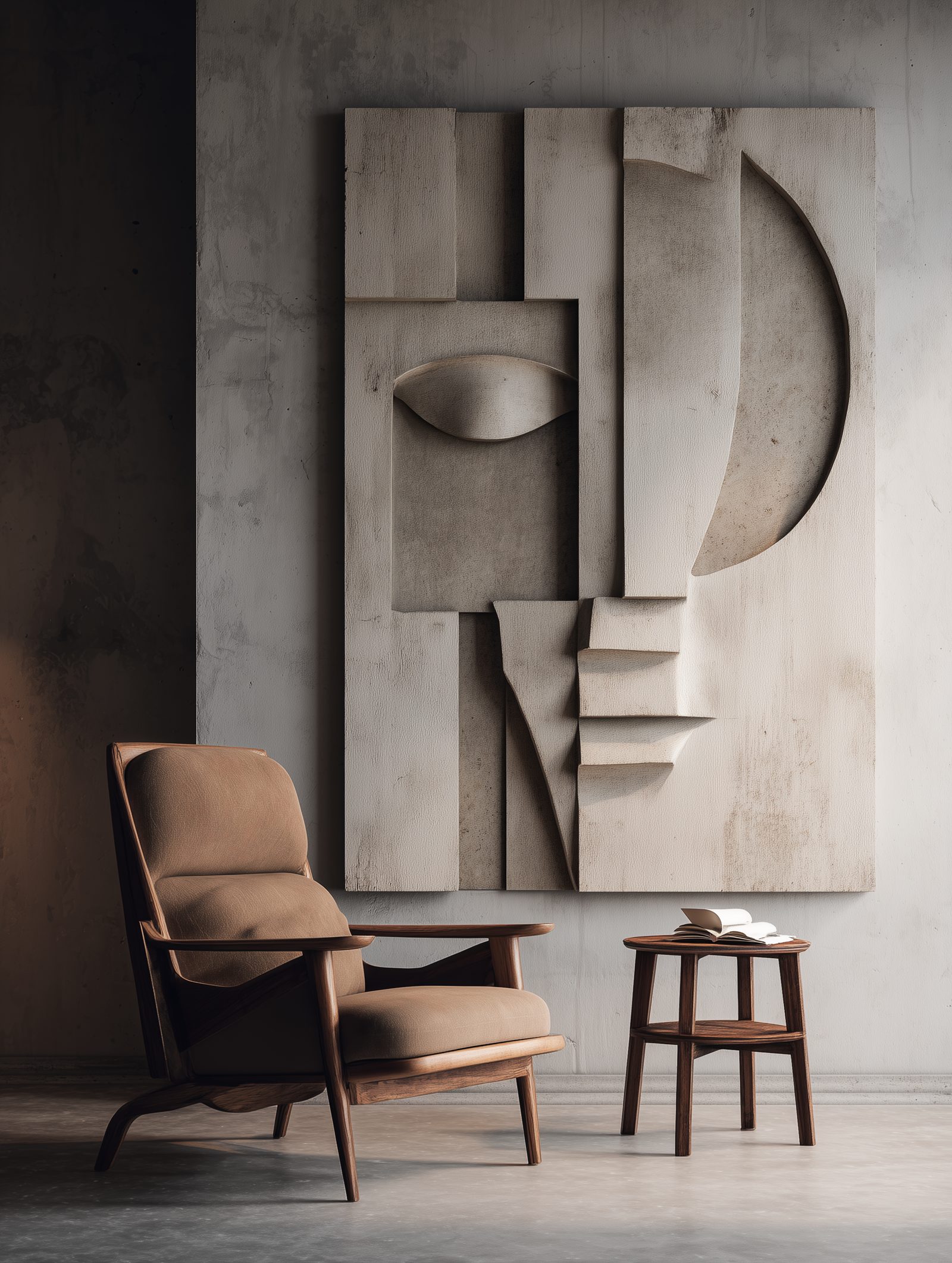 Wimacons mid-century modern interior — bespoke wall art and sculptural elements, foam-core fabrication, private members club