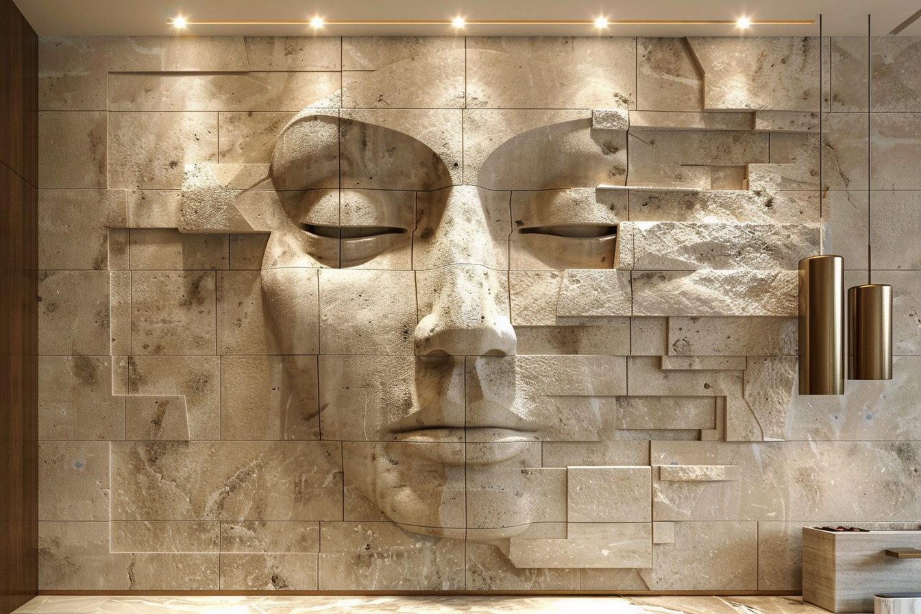 Wimacons carved stone portrait wall i, private estate commission, lightweight foam-core