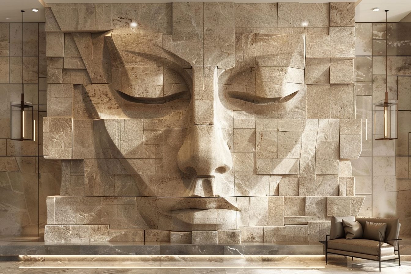 Wimacons carved stone face relief wall, private estate entrance hall, lightweight foam-core construction