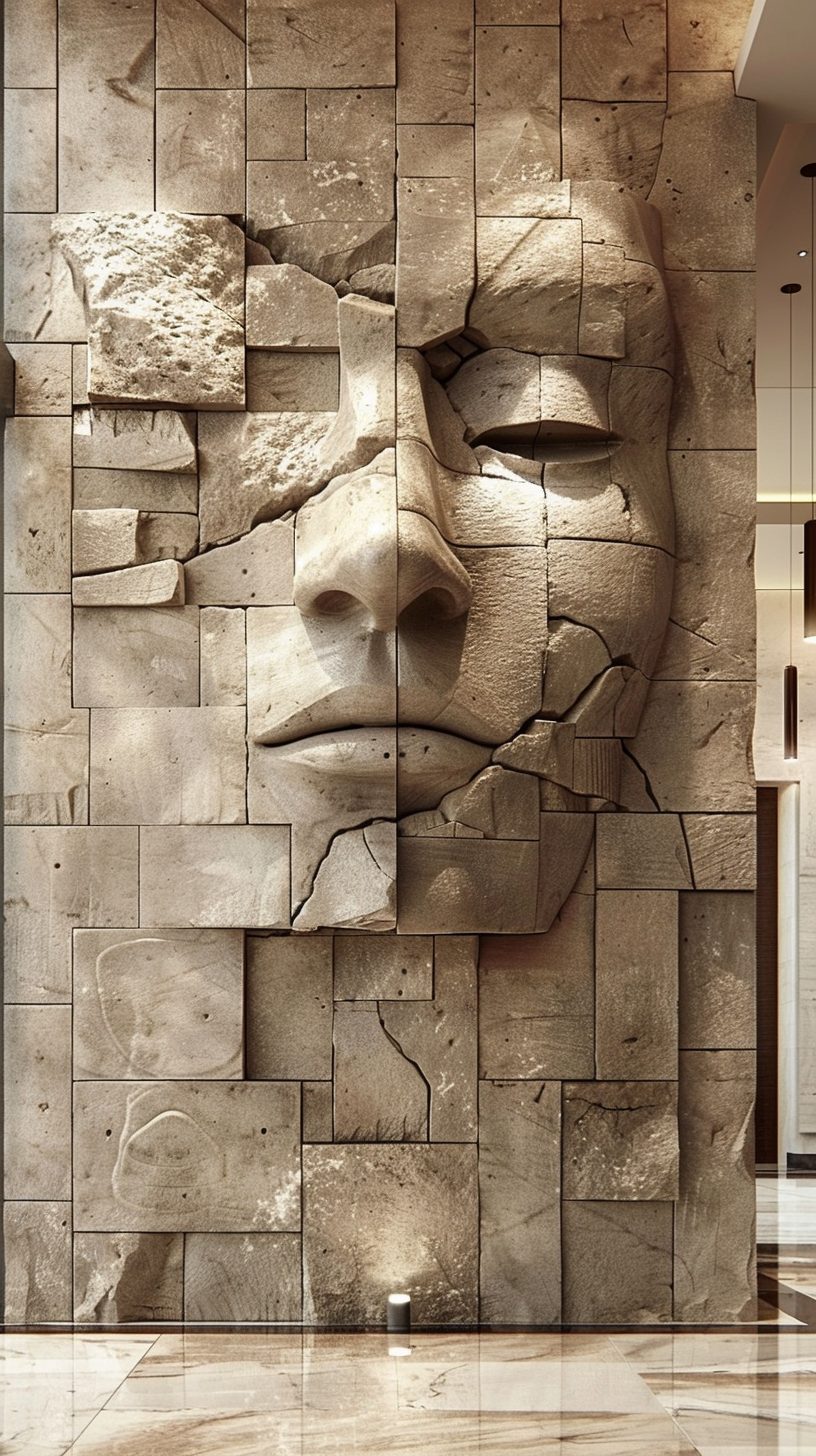 Wimacons carved stone portrait wall iii, private estate commission, lightweight foam-core